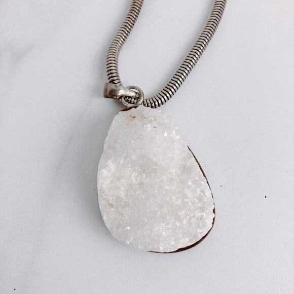 White Druzy Quartz Pendant Necklace on Thick Snake Chain, Boho Style - Picture 9 of 9
